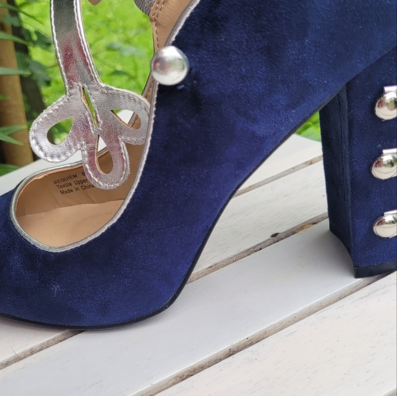 Penny Loves Kenny Requium Size 8 Navy/Silver Block Heel Almond Toe Retro Feel - Picture 4 of 10